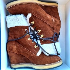 Women's heeled leather boots. Napoleani Brown velour and shearling. Size 8.